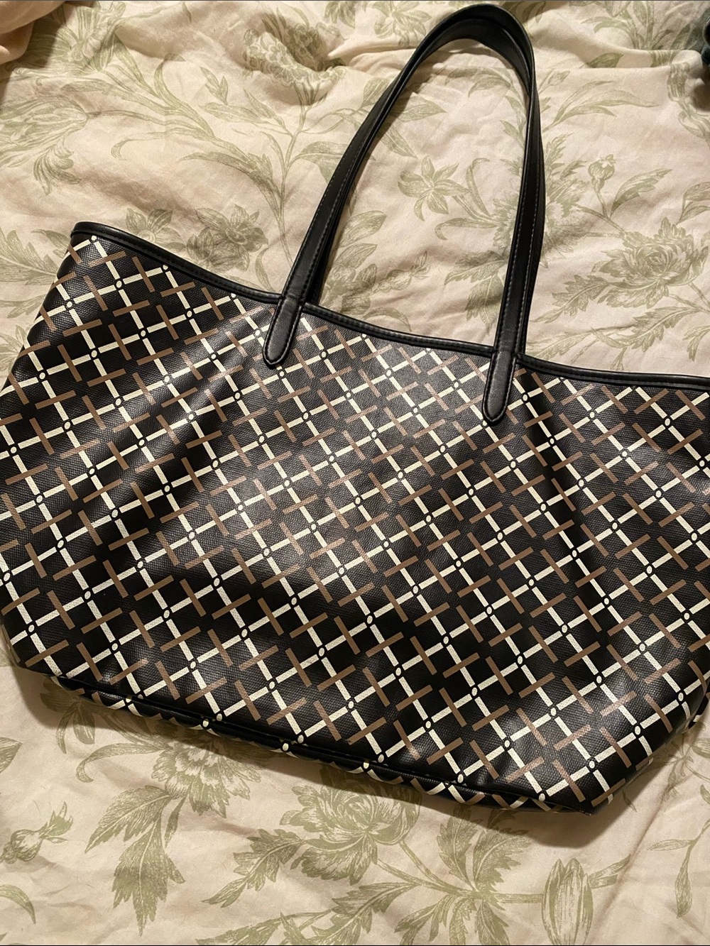 A NEW DAY Black Patterned Tote Bag with Cream and Tan Accents